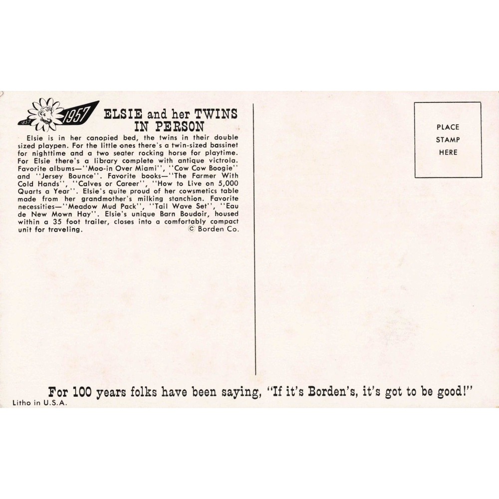 Vtg 1957 Elsie the Cow Borden's Advertising Postcard Twins Traveling Exhibit - Picture 2 of 2